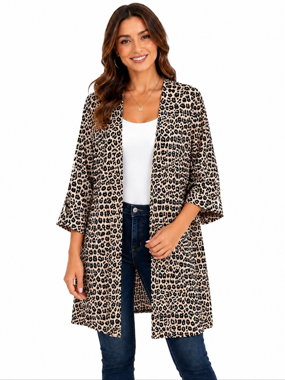 Tahari Leopard Print Open Front Kimono Cardigan Cover Up L/XL Beige Black